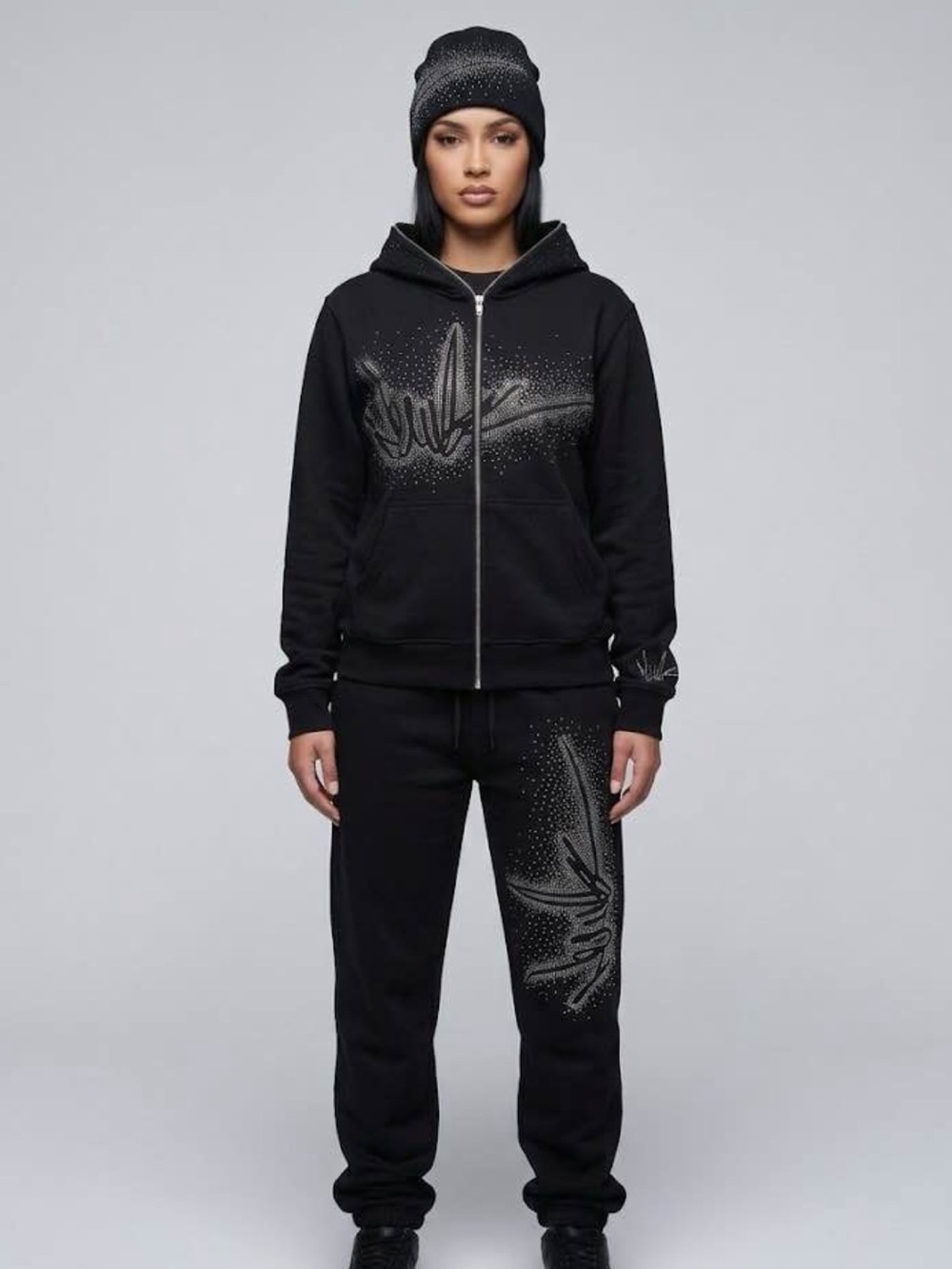 NY Black Rhinestone Sweatpants Hoodie Tracksuit Diamond Hat Co-ord Joggers Set